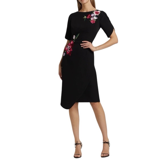 Teri Jon Floral Embroidered Crepe Boatneck Midi-Dress Size 12 $610 NWT - Picture 2 of 12